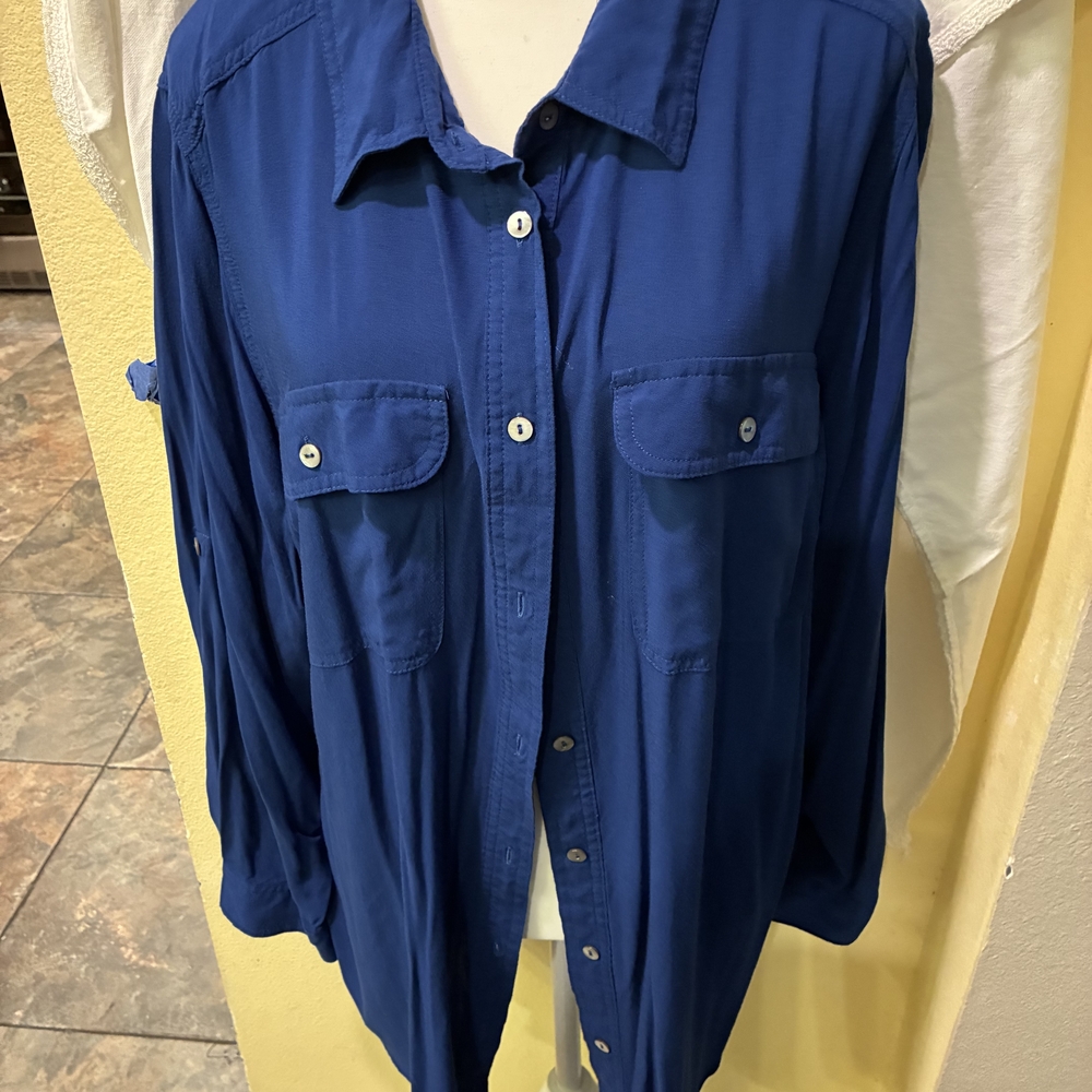 Woman Within Long Sleeve Button Up Navy Blouse